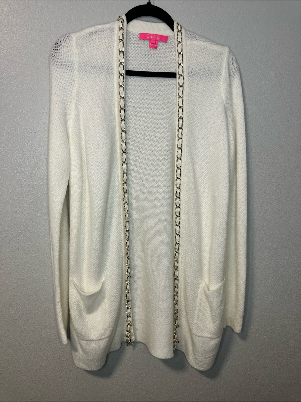 Lilly Pulitzer Valinda Open Front Cardigan White Gold Chain Trim